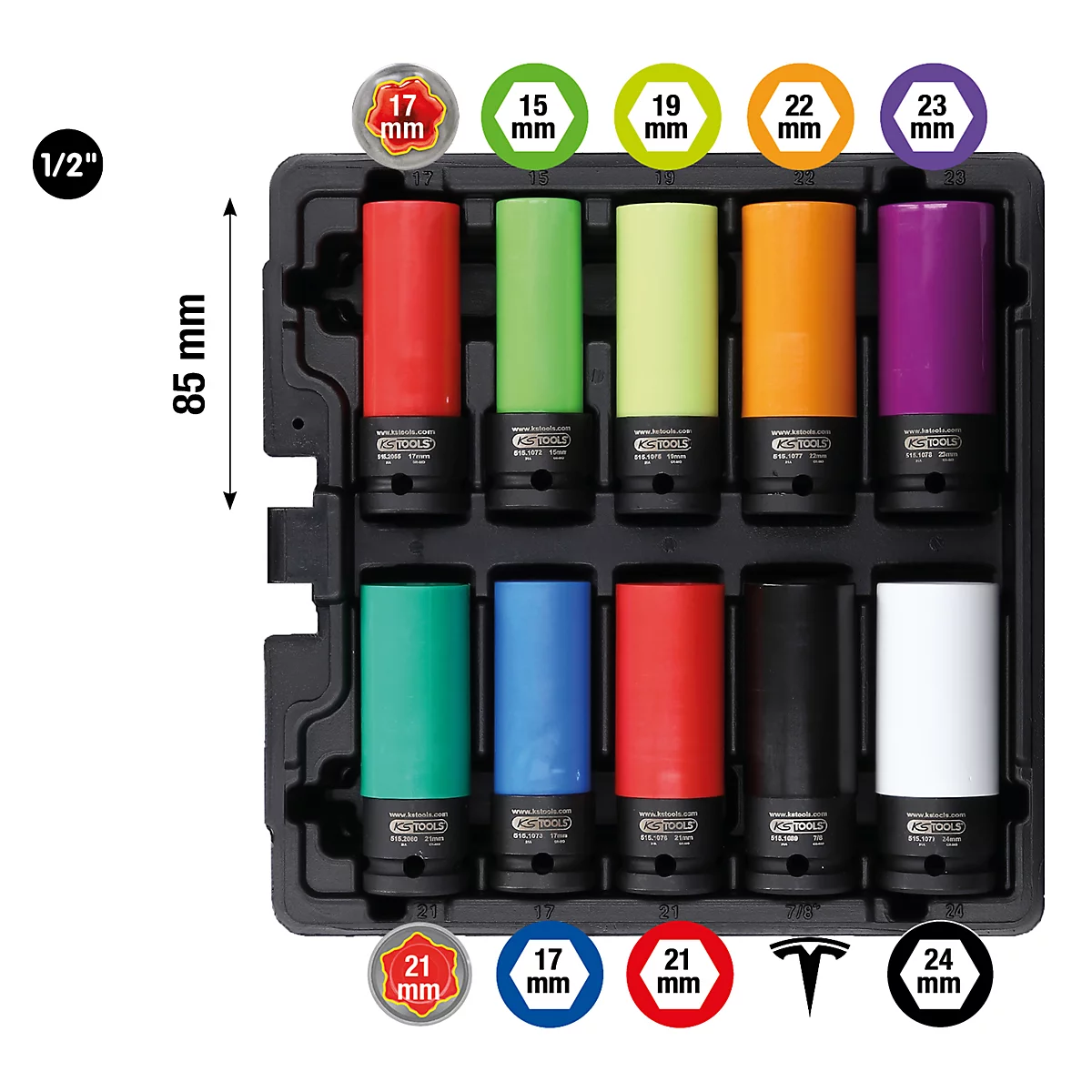 Un jeu de clés à douille colorées dans une boîte en plastique noire, avec des indications de taille.